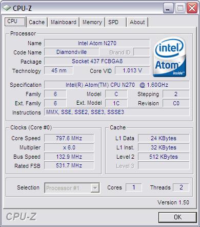 Detail Processor Intel Atom N270 (CPU-Z)